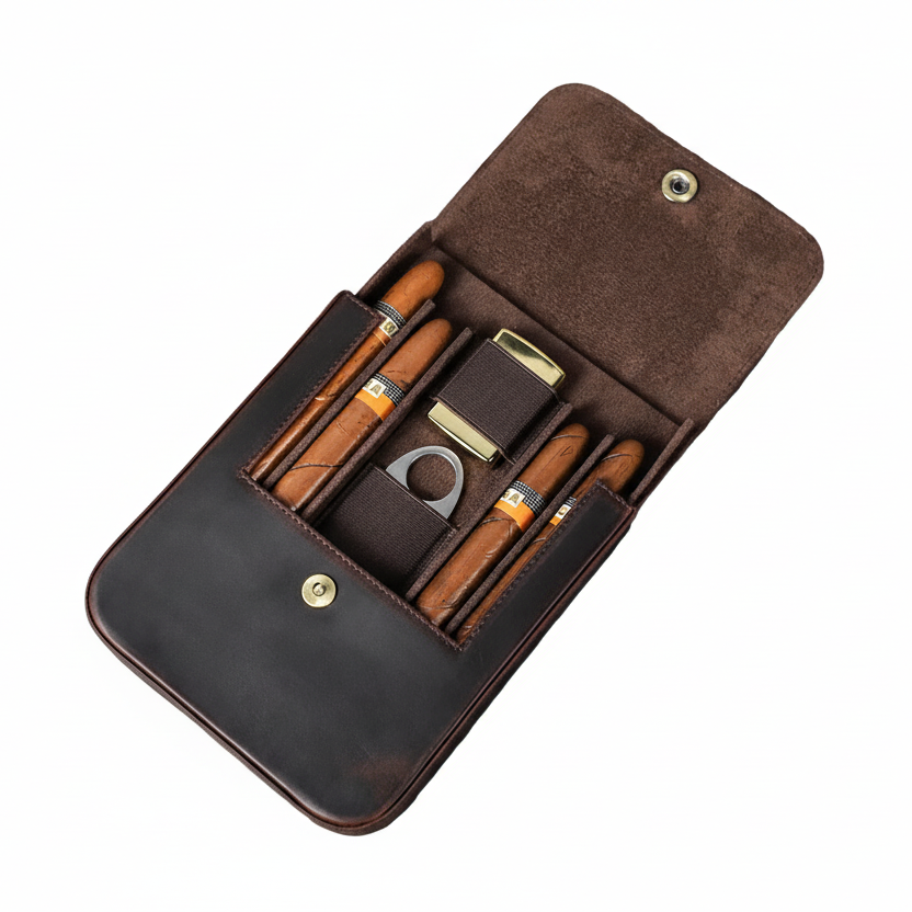Four-Cigar Magnetic Buckle Clamshell Leather Pouch