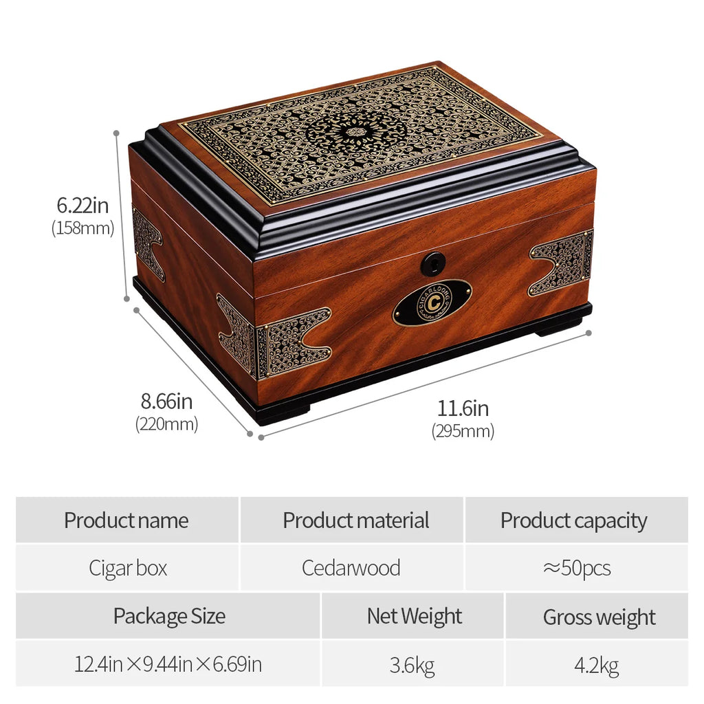Large Ornate Cedar Wood Cigar Humidor