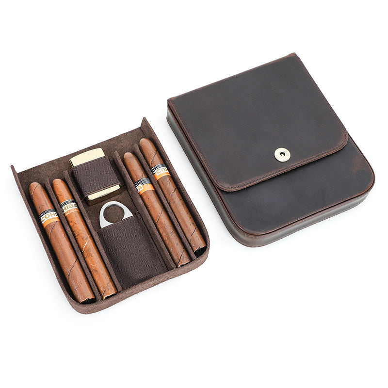 Four-Cigar Magnetic Buckle Clamshell Leather Pouch